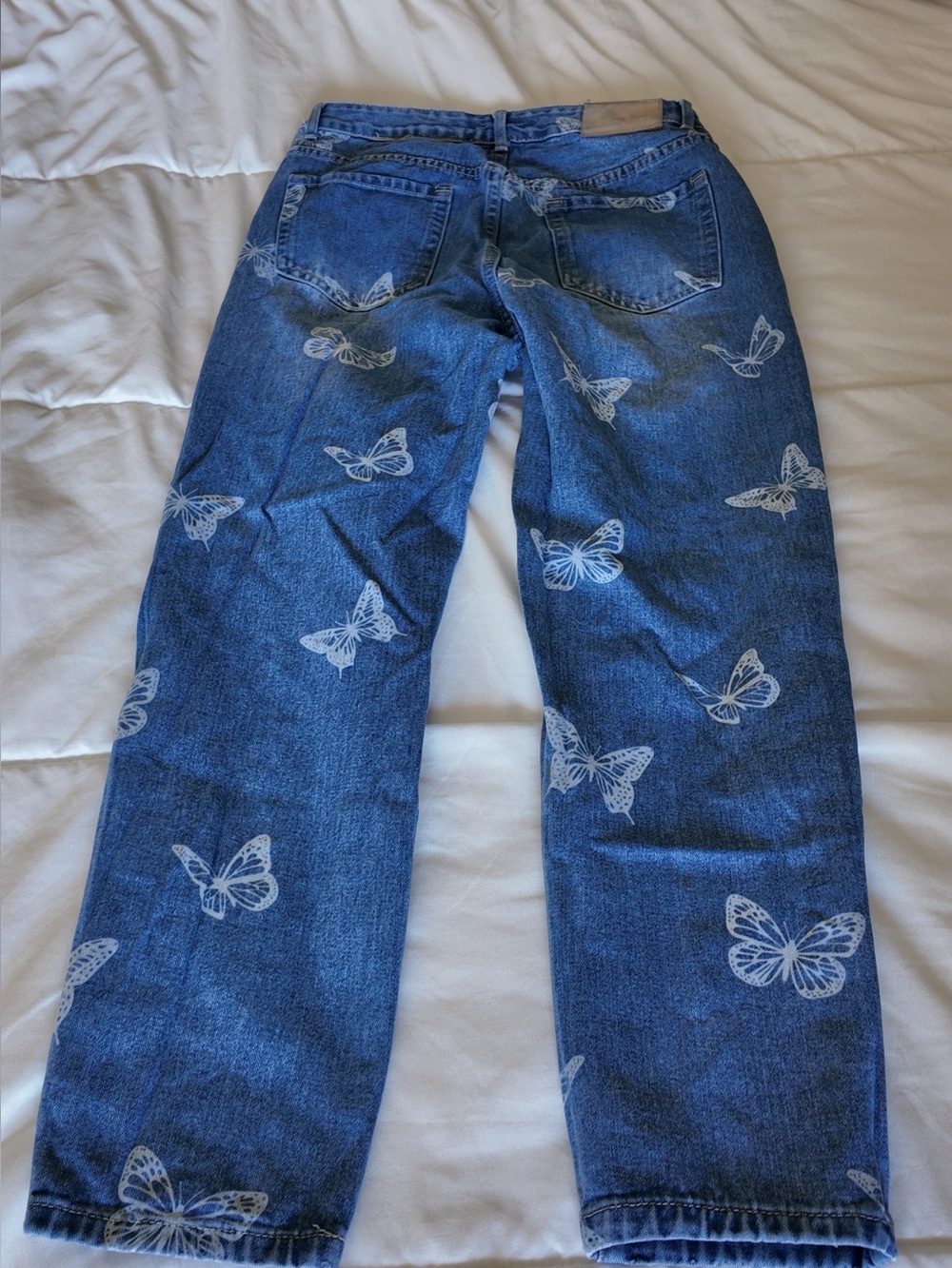 Straight Leg Women's Jeans with White Butterfly Print - Blue - Picture 3 of 3